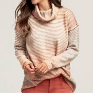 CAbi Striped Cream and Pink Turtleneck Sweater Sz S